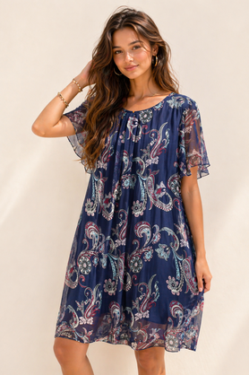 Elbowsleeve Floral Print Silk Dress