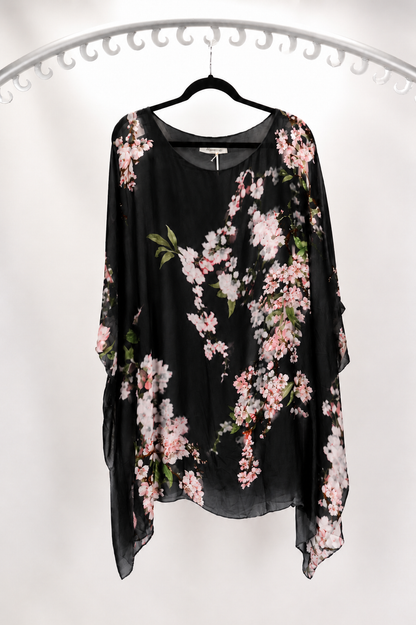 3/4 SLEEVE FLORAL PRINT SILK BLOUSE