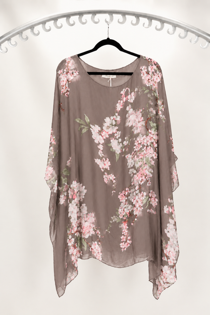 3/4 SLEEVE FLORAL PRINT SILK BLOUSE