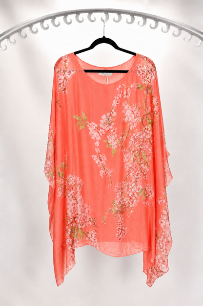 3/4 SLEEVE FLORAL PRINT SILK BLOUSE