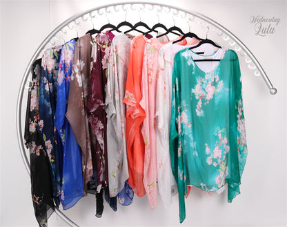 3/4 SLEEVE FLORAL PRINT SILK BLOUSE