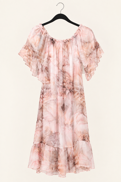 3/4 SLEEVE FLORAL PRINT SILK DRESS