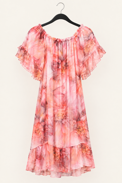 3/4 SLEEVE FLORAL PRINT SILK DRESS